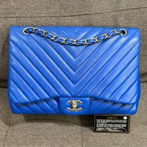 SOLD Chanel Chevron Blue Jumbo Classic Flap